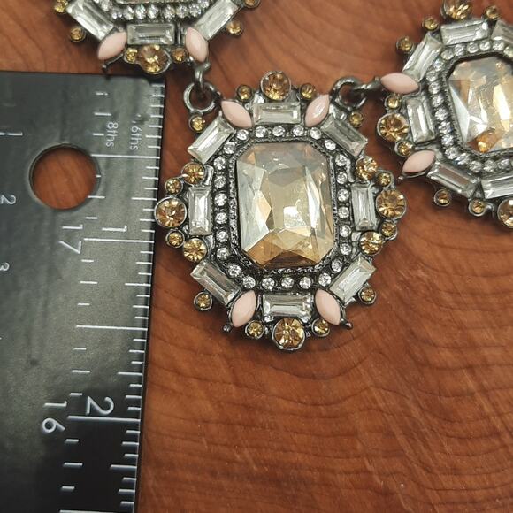 Light Yellow and Pink Cabochon Statement Necklace Gunmetal‎ Gray Chain - Picture 8 of 8